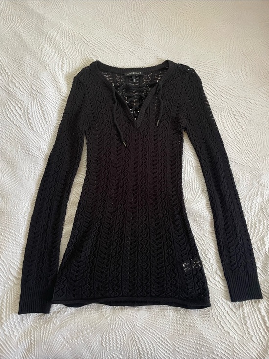 Derek Heart Other - Black Knit Mesh Coverup Crochet Lace-Up V-Neck Sweater